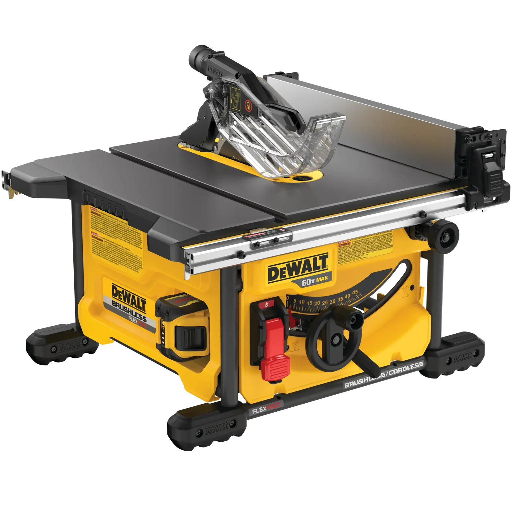 Una sierra de mesa inalámbrica DEWALT 60V Max con motor sin escobillas, diseño amarillo y negro, protector de hoja ajustable, perillas de control y mesa extensible. El producto parece resistente y portátil, ideal para trabajos de carpintería.