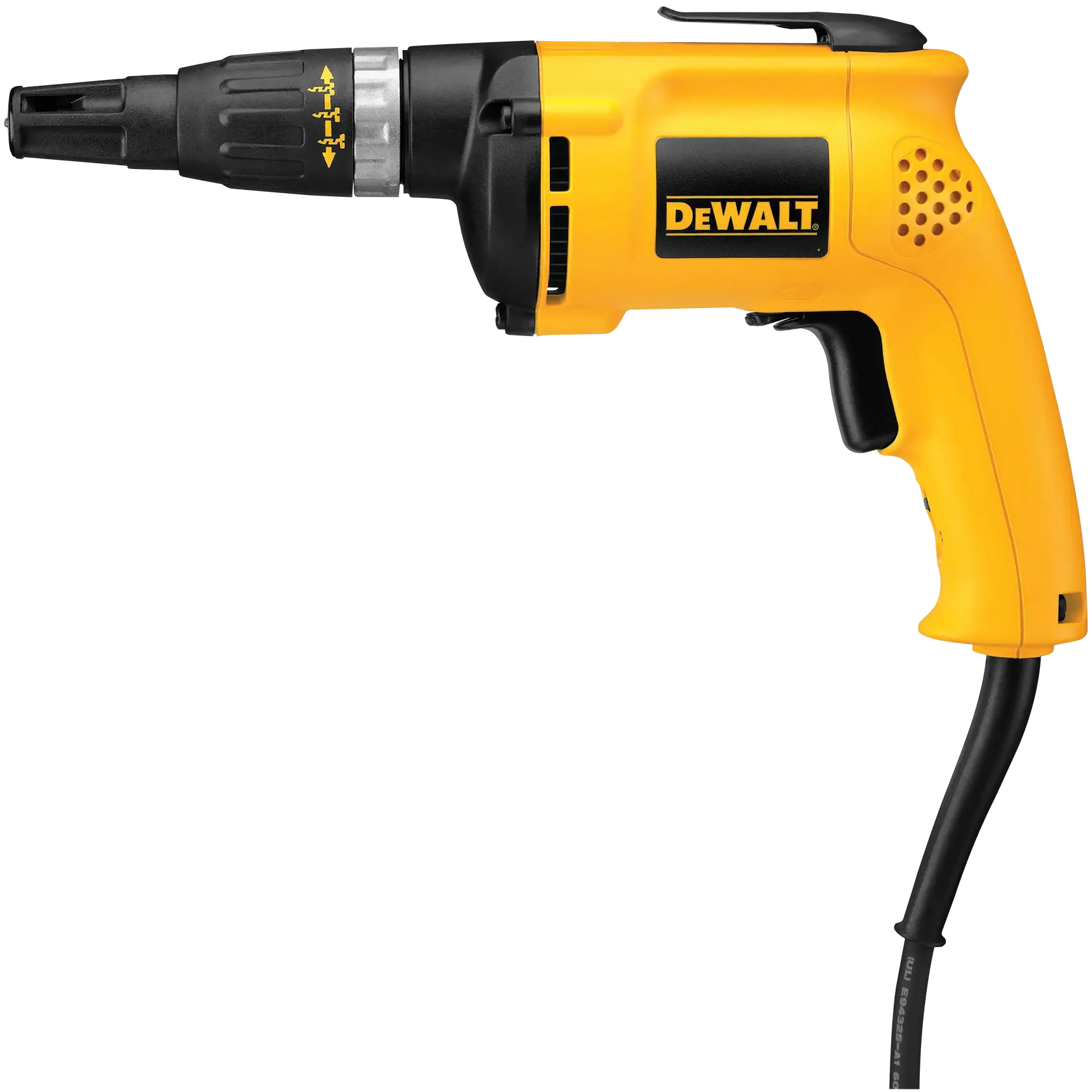 Un destornillador eléctrico DEWALT amarillo y negro con cable, modelo DW255, mostrado sobre un fondo blanco.