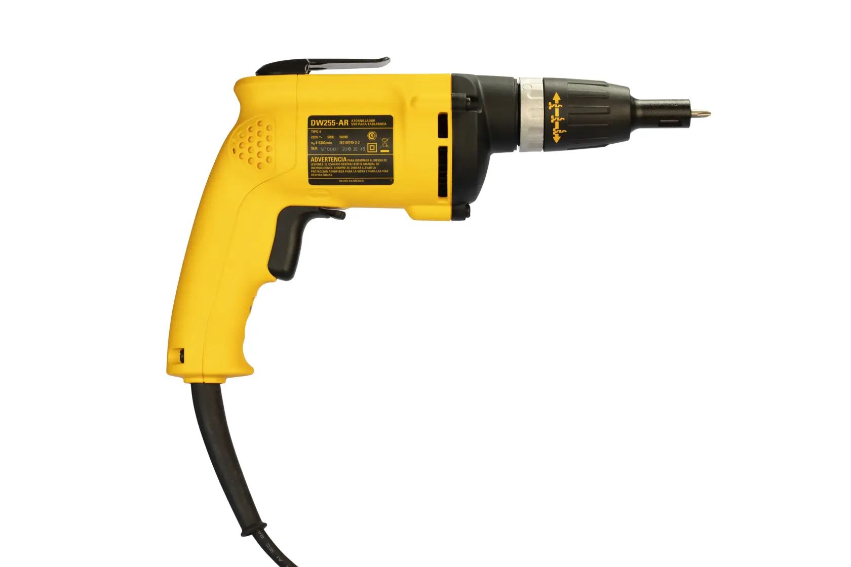 Destornillador eléctrico DEWALT amarillo y negro con cable, utilizado comúnmente para atornillar en construcción y carpintería.
