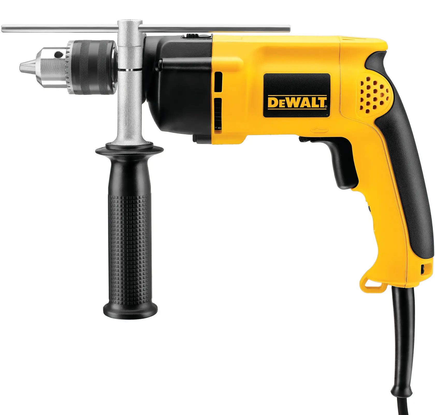 Taladro eléctrico con cable DEWALT DW511 con mango lateral y varilla de profundidad, mostrado en colores amarillo y negro.