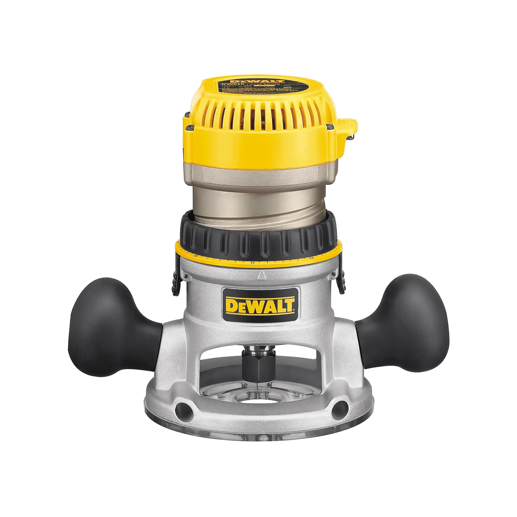 Un router de base fija DEWALT con un cuerpo amarillo y plateado, asas negras y el logo de DEWALT en el frente. La herramienta se utiliza para trabajos de carpintería y tiene un diseño robusto para tareas de precisión.