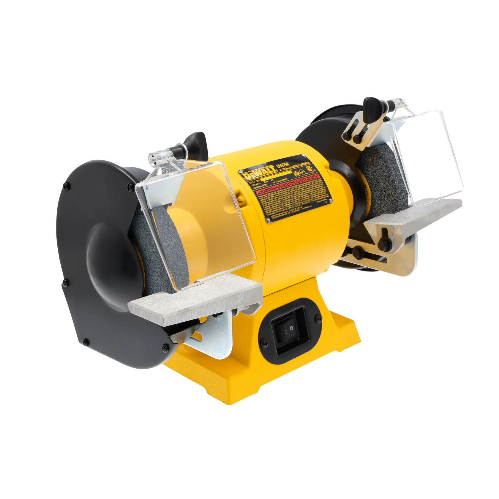 Vista frontal de una amoladora de banco DEWALT DW756 con cuerpo amarillo, dos ruedas de esmerilado a cada lado y protectores transparentes sobre cada rueda.