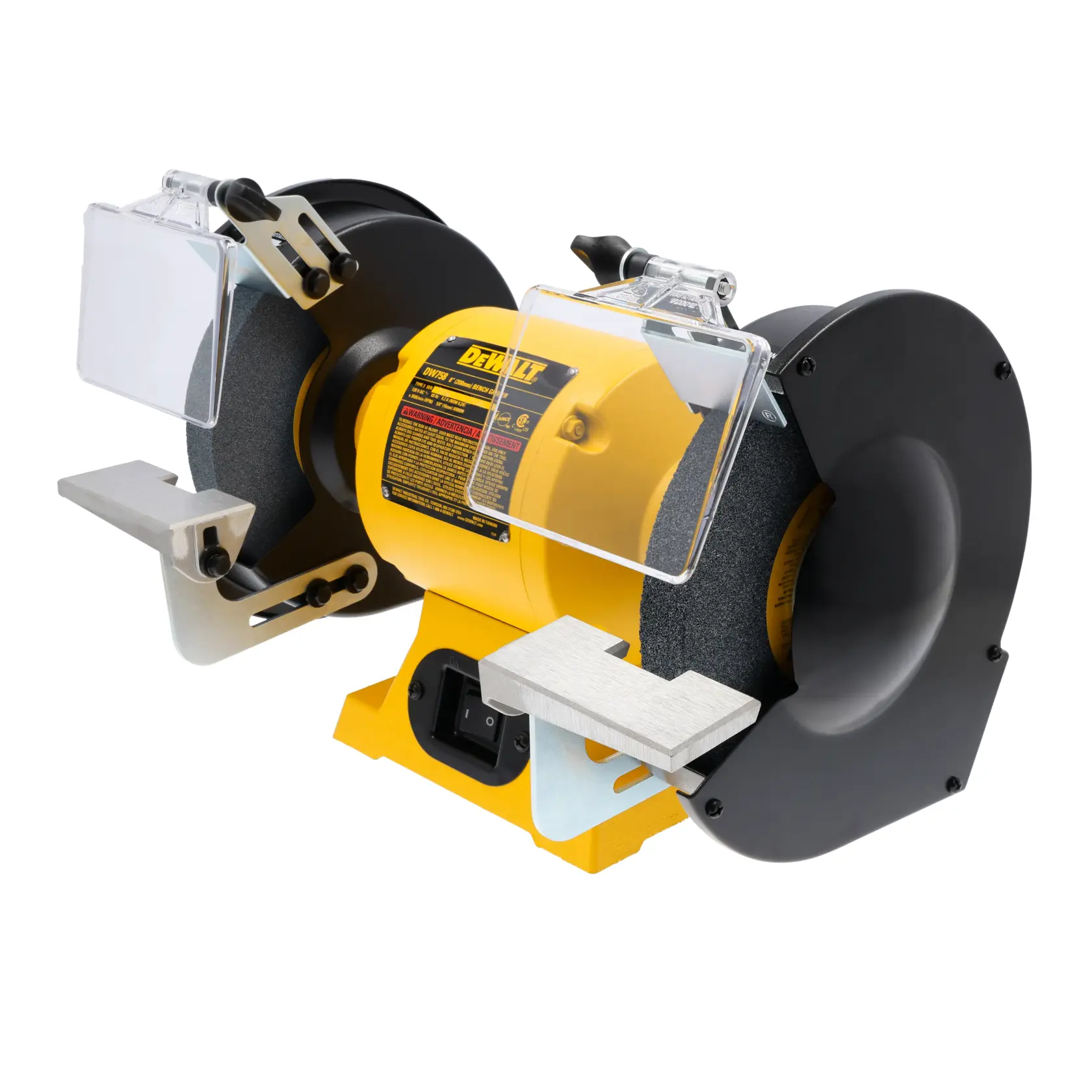 Una esmeriladora de banco DEWALT DW758 con base y carcasa del motor amarillas, dos ruedas abrasivas, soportes ajustables para herramientas y protectores transparentes de seguridad.