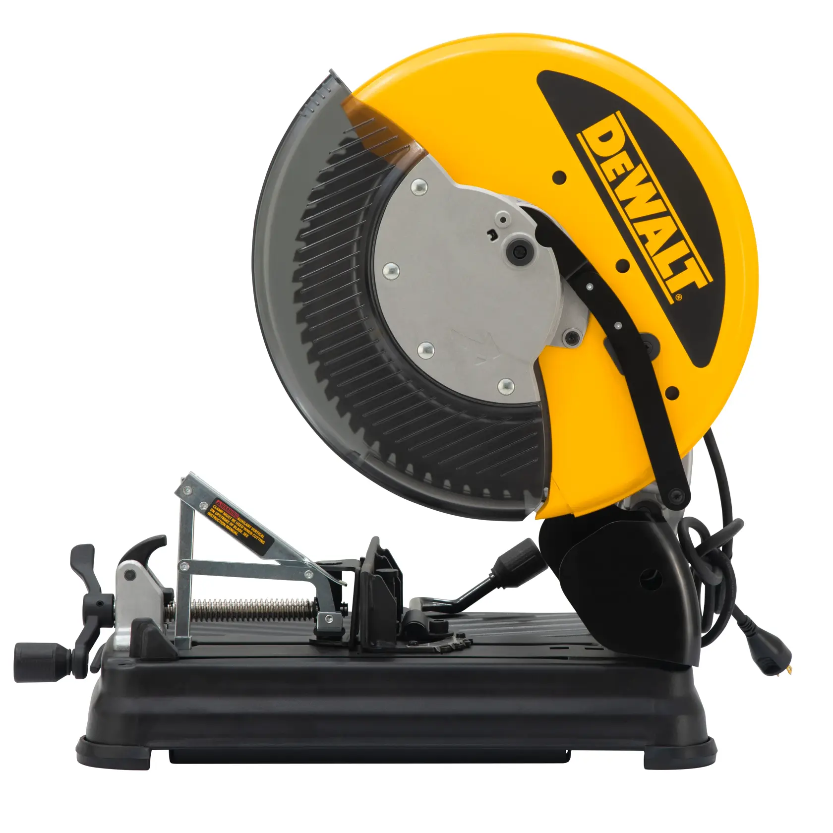 Sierra para cortar metal DEWALT DW872 con protector amarillo y base negra robusta, vista lateral.