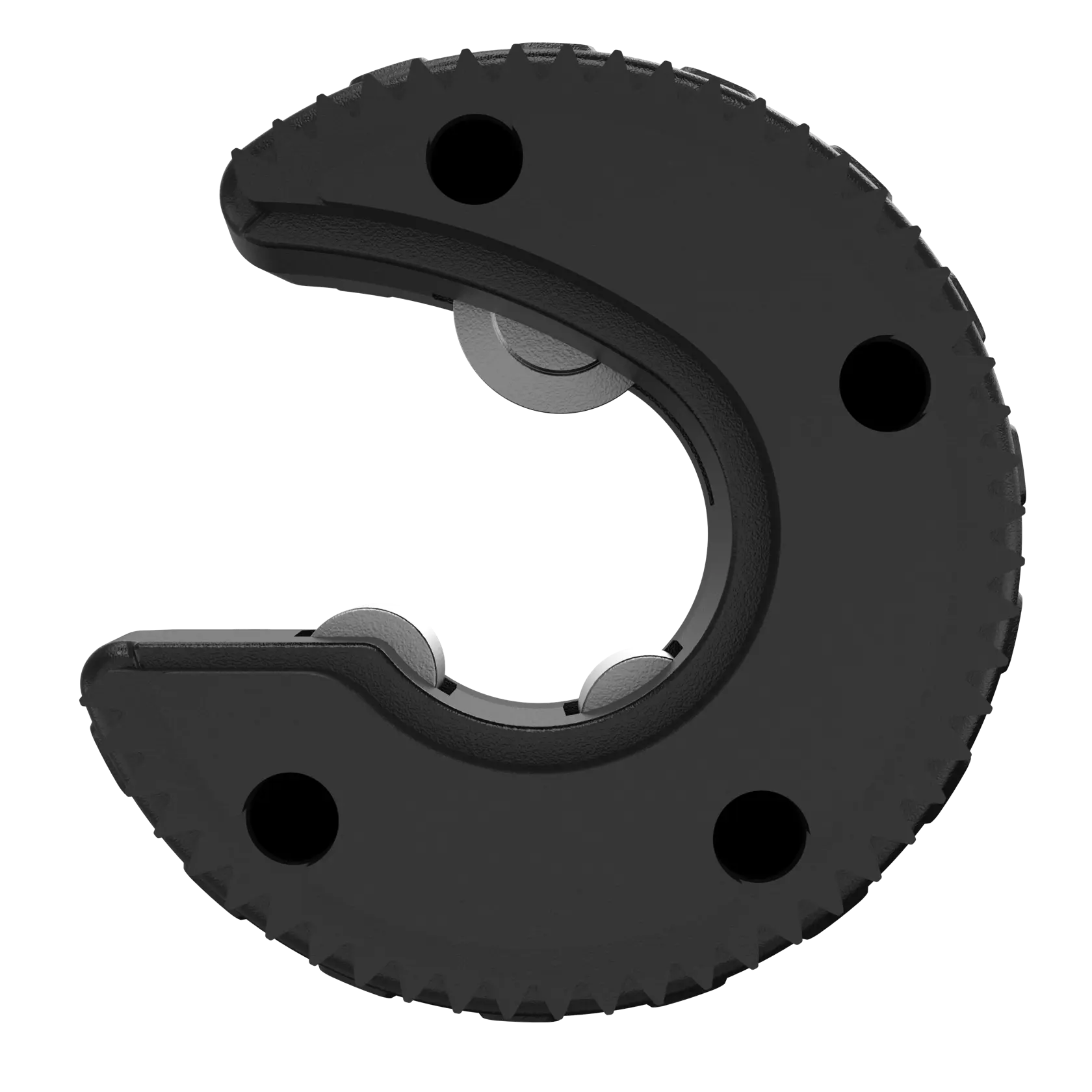 Imagen en primer plano de una cuchilla de repuesto para cortar tubos DEWALT negra, que muestra su forma circular, la abertura y las ruedas de corte metálicas.