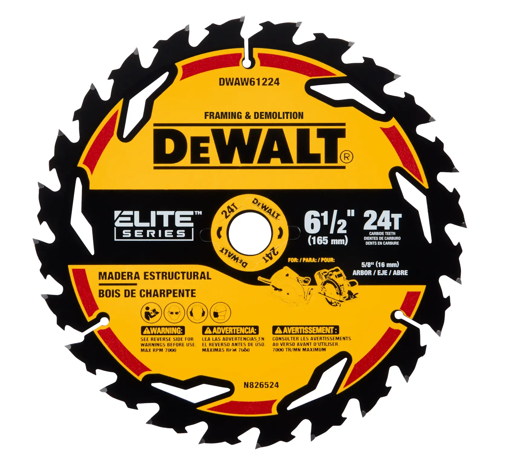 Hoja de sierra circular DEWALT Elite Series de 6-1/2 pulgadas (165 mm) para enmarcado y demolición, con 24 dientes de carburo e indicación de madera estructural. El número de modelo es DWAW61224 y se adapta a un eje de 5/8 pulgadas (16 mm). La hoja incluye iconos de advertencia de seguridad y texto en inglés, español y francés.
