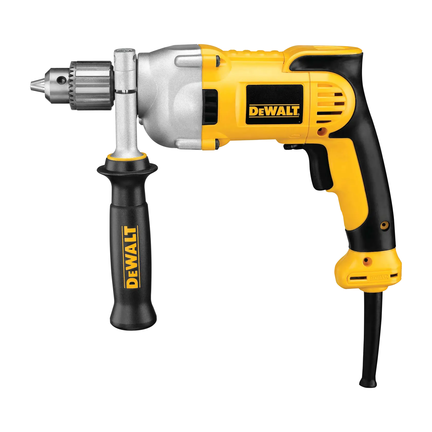 Un taladro eléctrico con cable DEWALT amarillo y negro con mango lateral y portabrocas de metal, visto sobre fondo blanco.