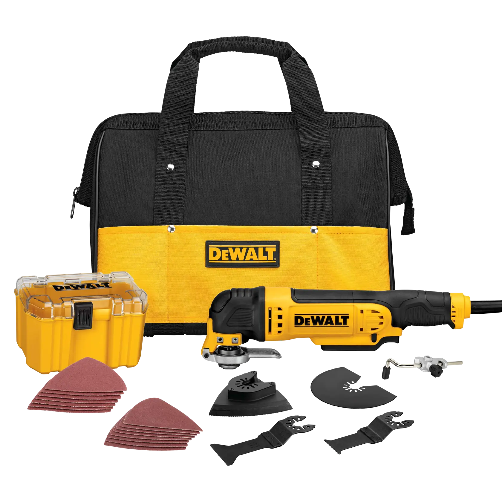 Un kit de herramientas múltiples DEWALT DWE315K que incluye una herramienta oscilante, almohadillas de lijado, varios accesorios, una bolsa de transporte amarilla y negra, y una caja de almacenamiento amarilla.