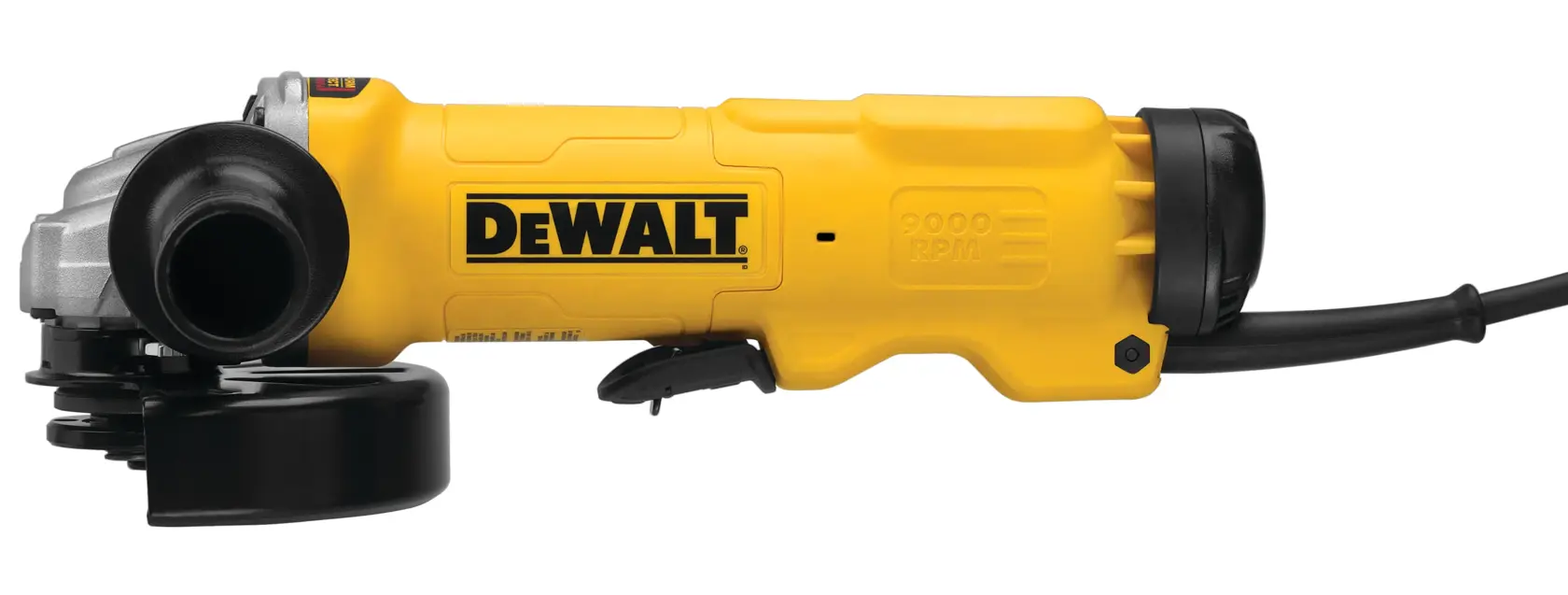 Una amoladora angular eléctrica Dewalt DWE4314 amarilla con mango lateral, cable de alimentación visible y protector negro.