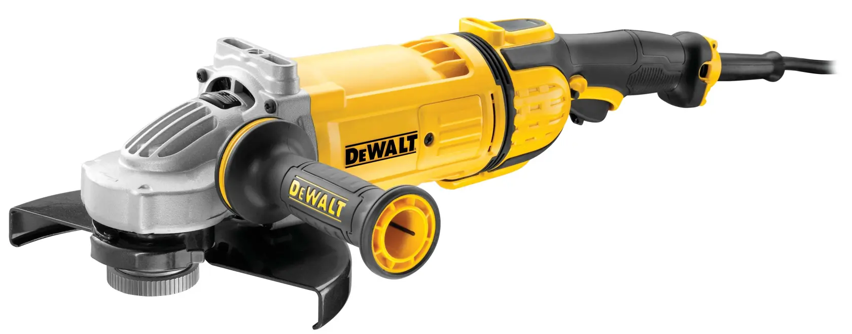 Una herramienta eléctrica amoladora angular de DEWALT, amarilla y negra, con mango lateral y protector.