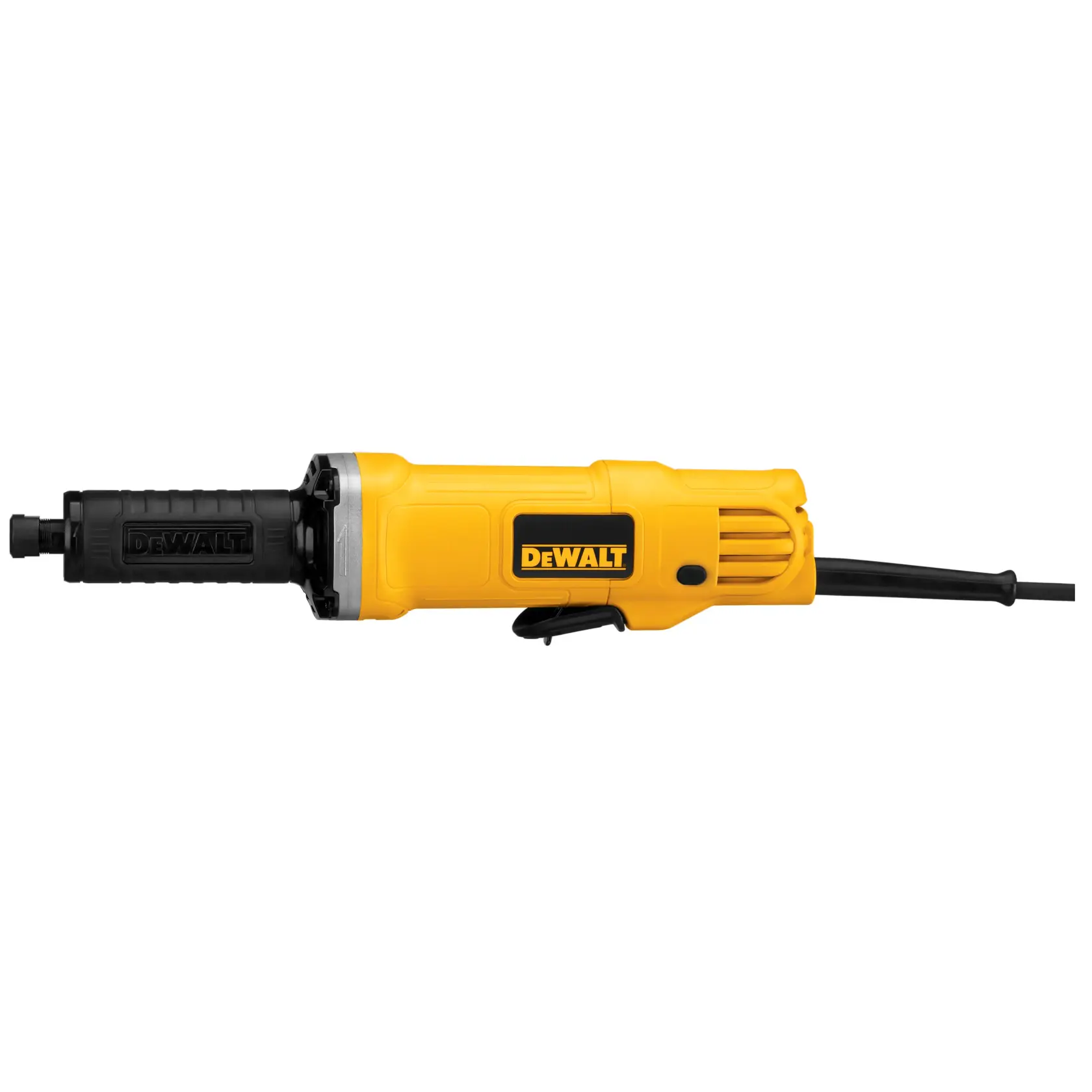 Una amoladora eléctrica DEWALT DWE4887 con cuerpo amarillo y negro, mostrada de lado sobre fondo blanco.