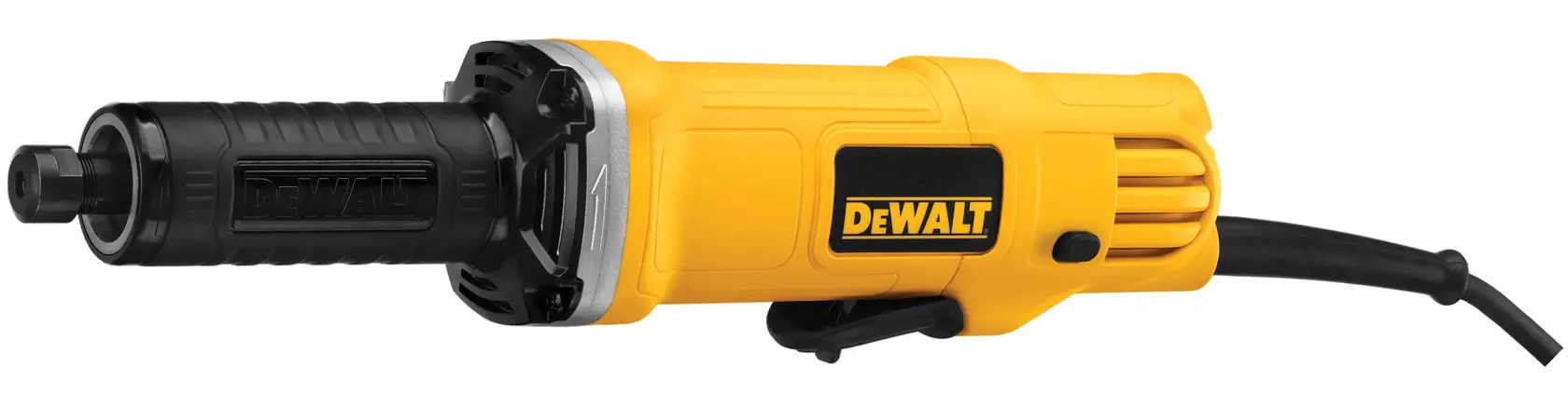 Una amoladora eléctrica DEWALT DWE4887 con cuerpo amarillo y negro, con un cable de alimentación y una cabeza de molienda cilíndrica.