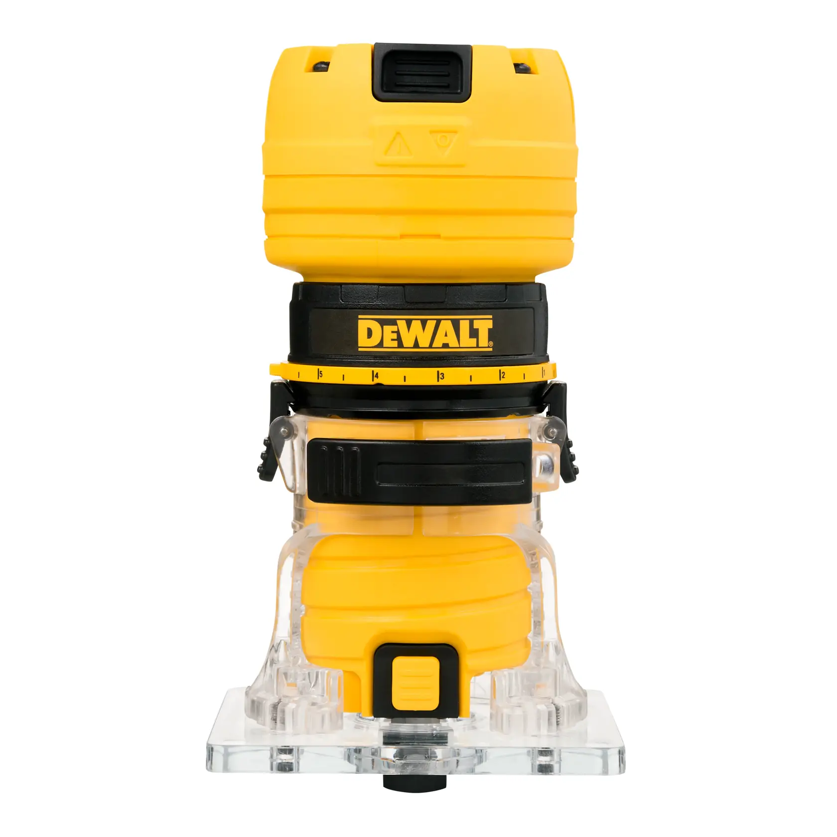 Herramienta router compacta DEWALT DWE6000 amarilla con detalles en negro vista frontal sobre fondo blanco.