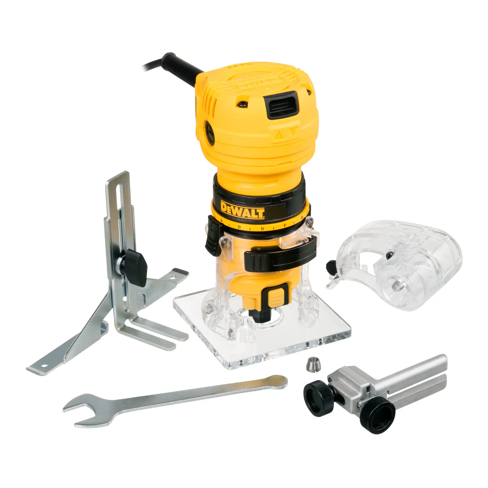 Router DEWALT DWE6000 con base, accesorios, llave y guías sobre fondo blanco.