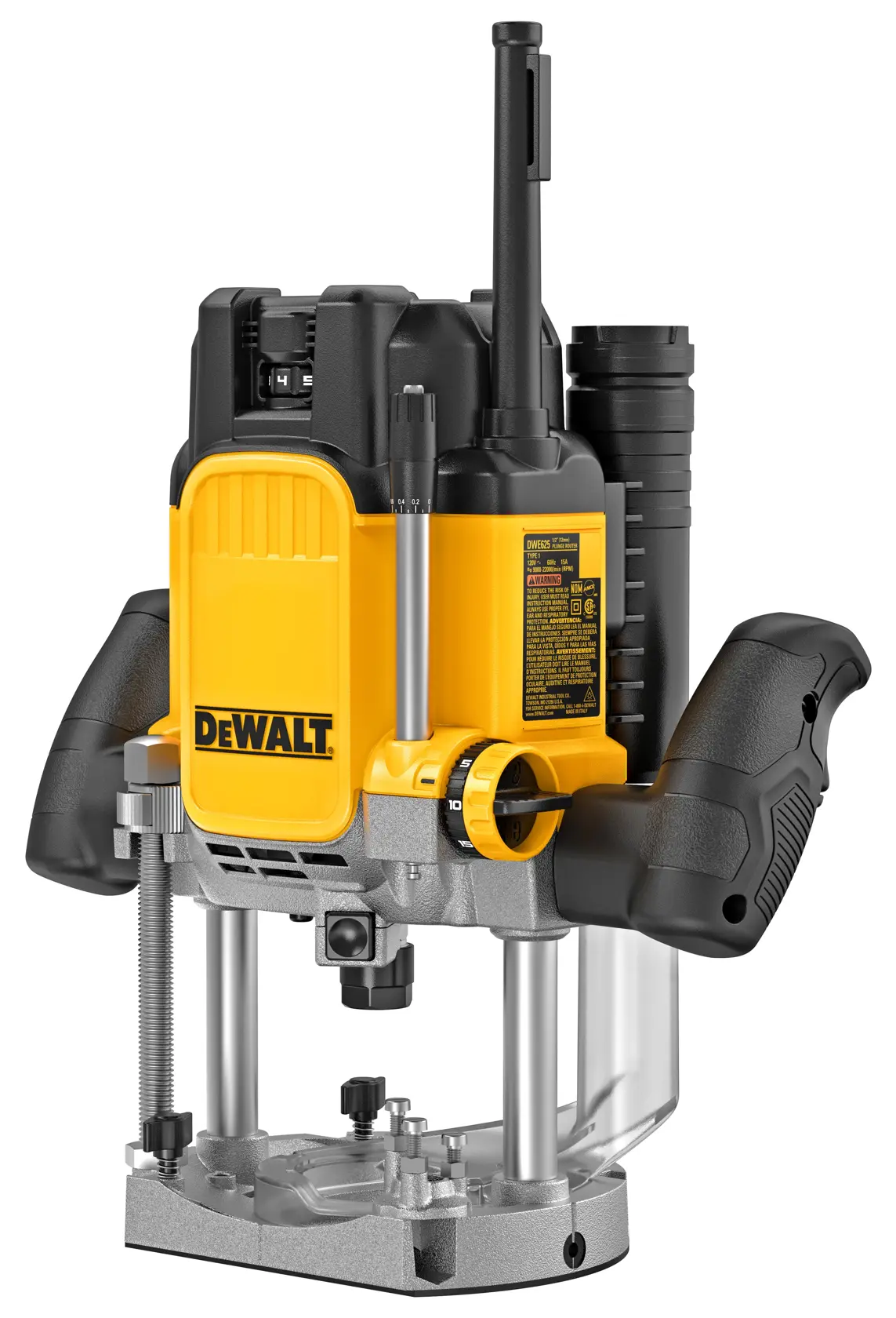 Herramienta router DEWALT para fotografía, modelos DWE625-QS, DWE625. Cuerpo amarillo, asas negras.