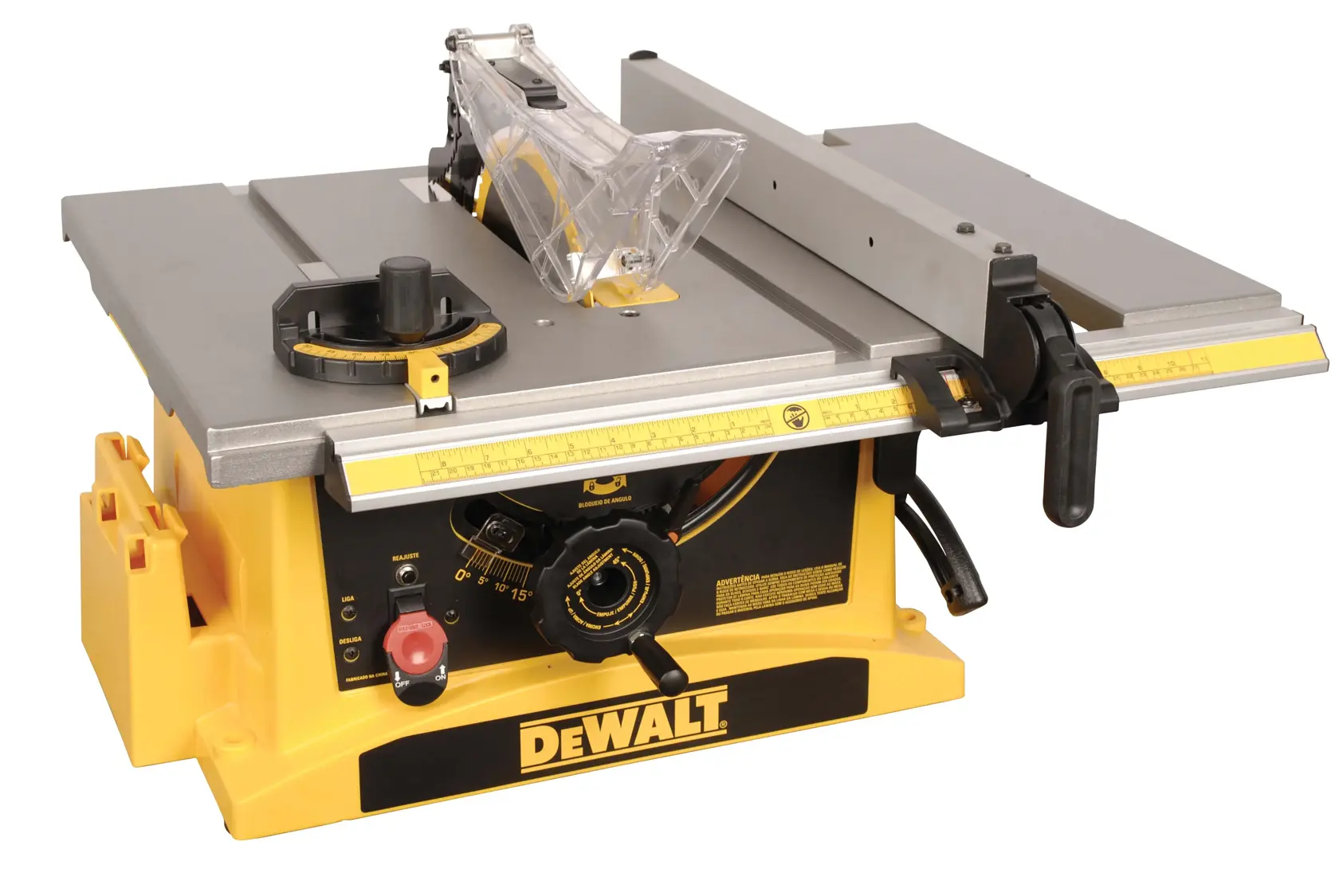 Una sierra de mesa DEWALT amarilla y negra con superficie de metal, guía ajustable y regla de medición, adecuada para tareas de carpintería.