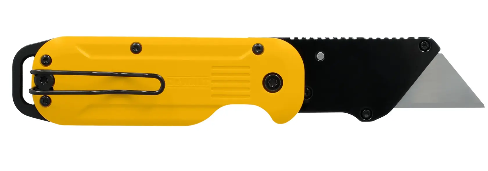 Cuchillo utilitario plegable DEWALT amarillo y negro con clip de metal y hoja retráctil, mostrado en vista lateral sobre fondo blanco.