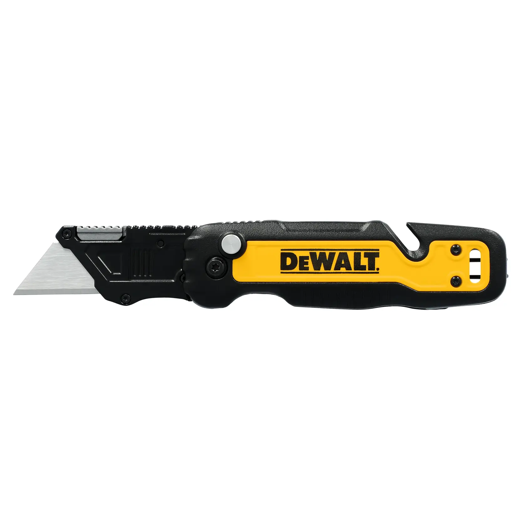 Un cuchillo plegable de utilidad DEWALT con mango negro y amarillo y hoja plateada, mostrado sobre un fondo blanco.
