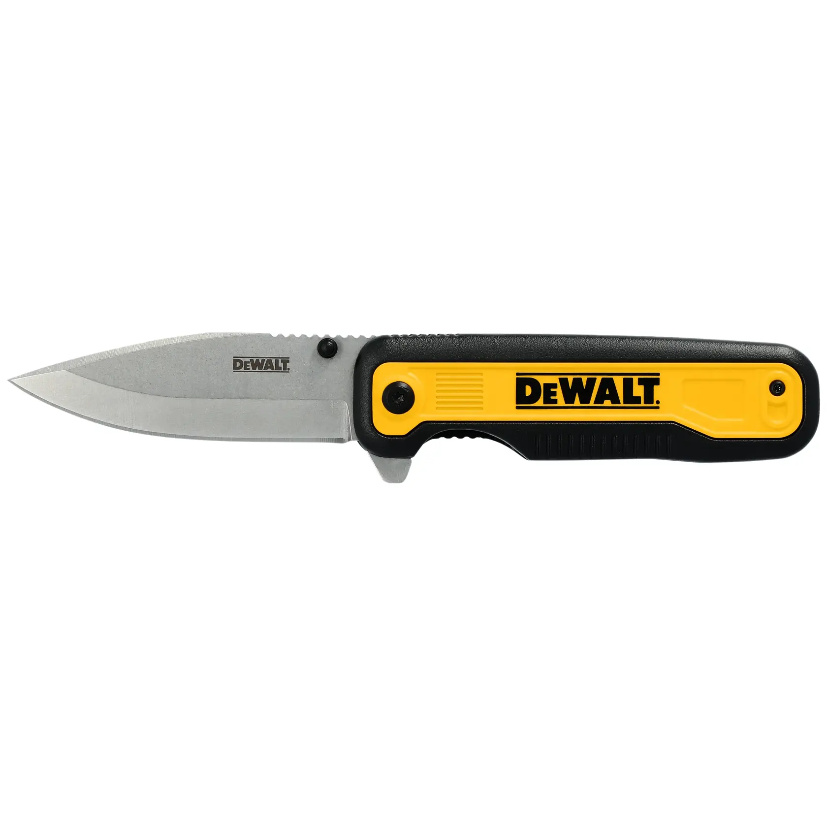 Un cuchillo plegable DEWALT con hoja plateada y mango negro y amarillo, mostrado sobre fondo blanco.