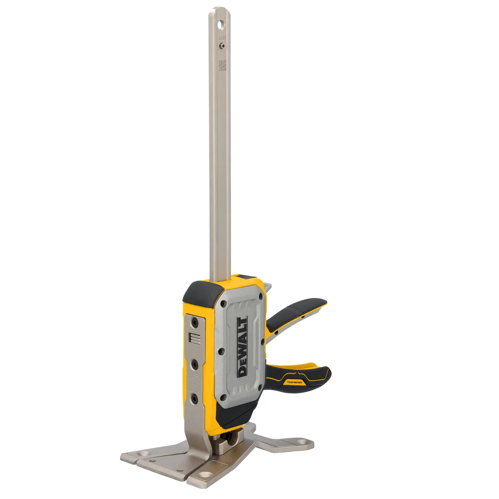 Herramienta de elevación DEWALT ToughSeries con liberación rápida, base estable y diseño manos libres.