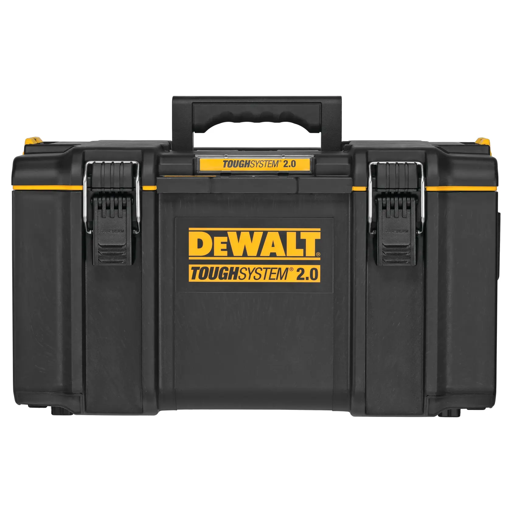 Una caja de almacenamiento de herramientas DEWALT ToughSystem 2.0 negra con detalles amarillos, cierres resistentes y un asa en la parte superior. El logotipo de DEWALT y la marca ToughSystem 2.0 están impresos en la parte frontal.