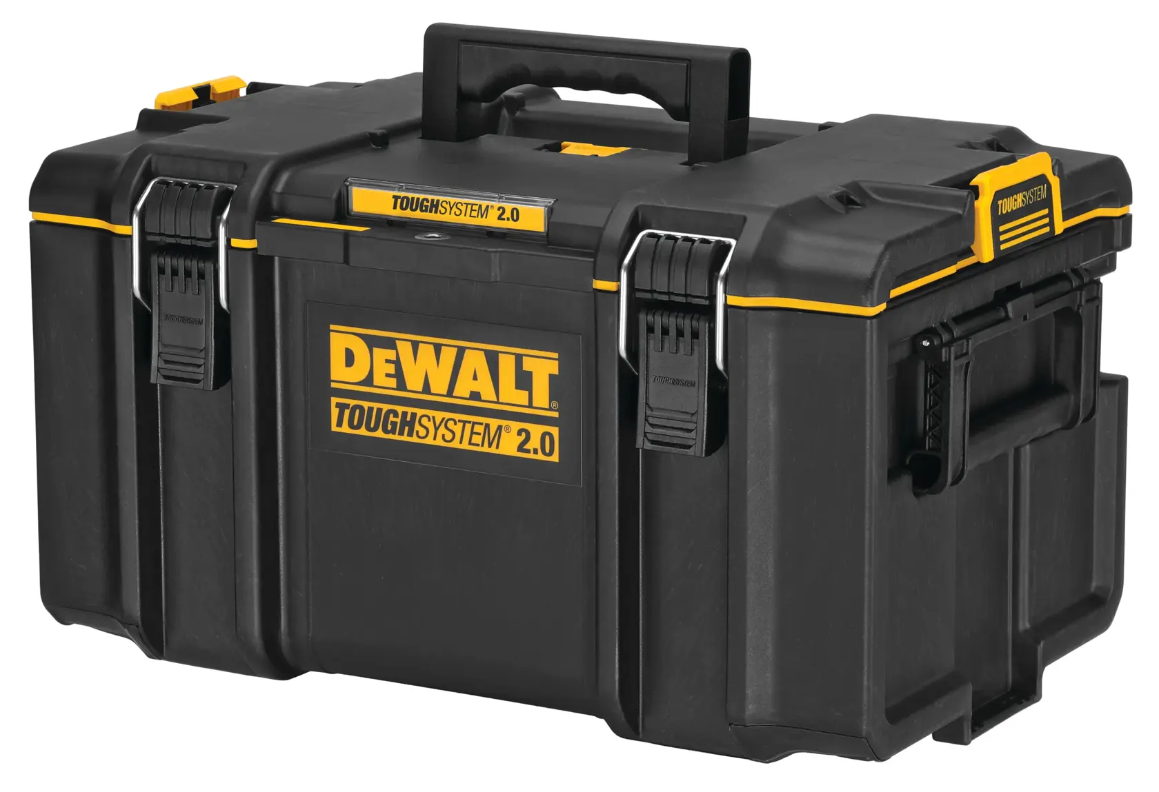 Una caja de herramientas DEWALT ToughSystem 2.0 negra y amarilla con cierres resistentes, un asa superior y esquinas reforzadas. El logo DEWALT está claramente visible en la parte frontal.