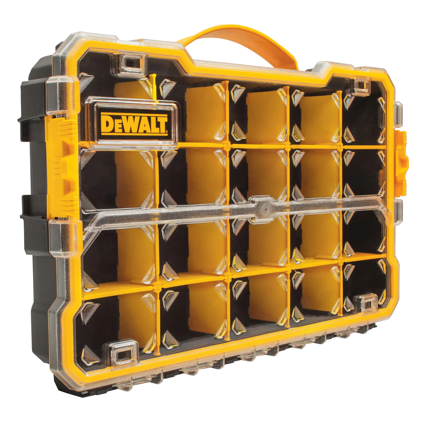 Un organizador de plástico DEWALT con tapa transparente, varios compartimentos amarillos y negros, y un asa en la parte superior. Diseñado para almacenar y organizar herramientas o piezas pequeñas.