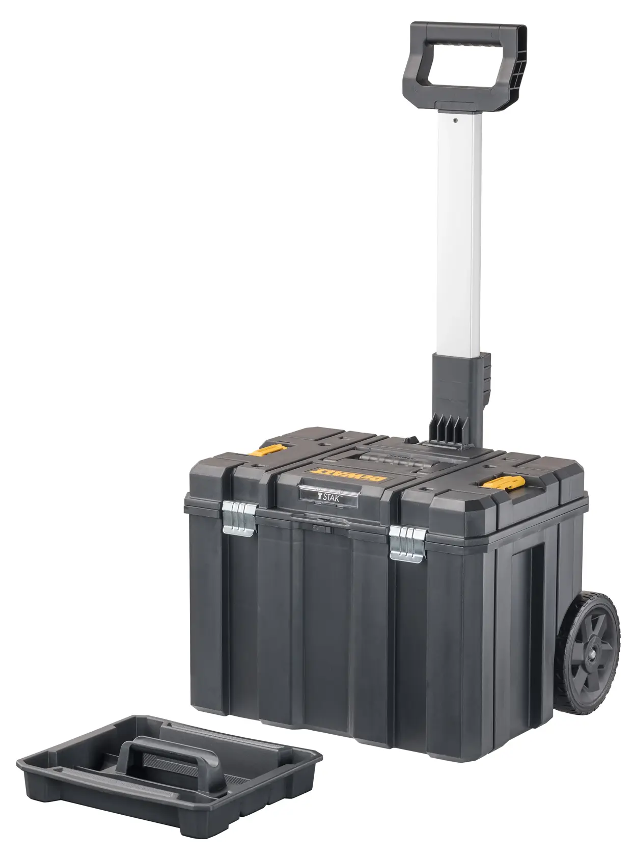 Una caja de herramientas rodante DEWALT con mango telescópico y ruedas grandes. Una bandeja extraíble adicional se coloca frente a la caja.