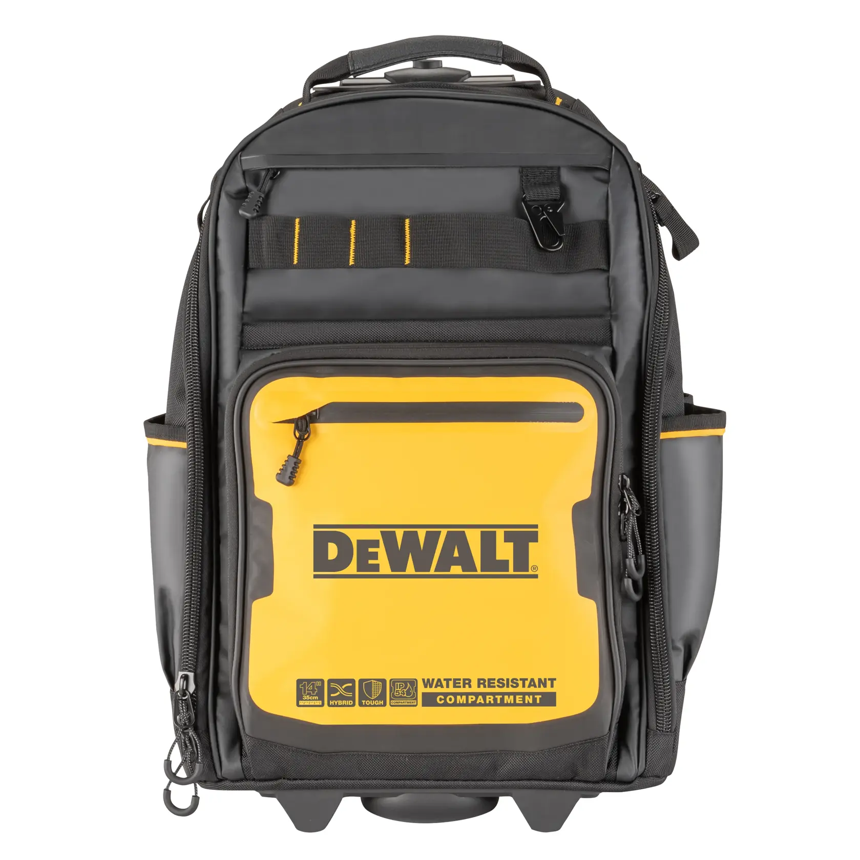Mochila negra y amarilla de la marca DEWALT con varios compartimentos con cremalleras y bolsillos laterales. En el frente se encuentra un compartimento resistente al agua y el logotipo DEWALT.