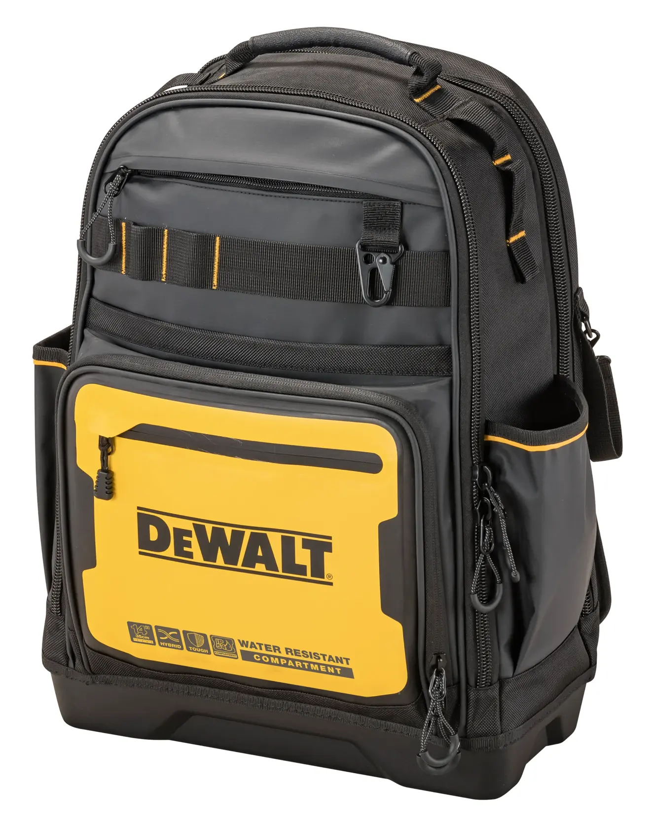 Mochila para herramientas DEWALT negra y amarilla con varios compartimentos con cremallera, incluye un compartimento frontal resistente al agua y organizadores para herramientas.
