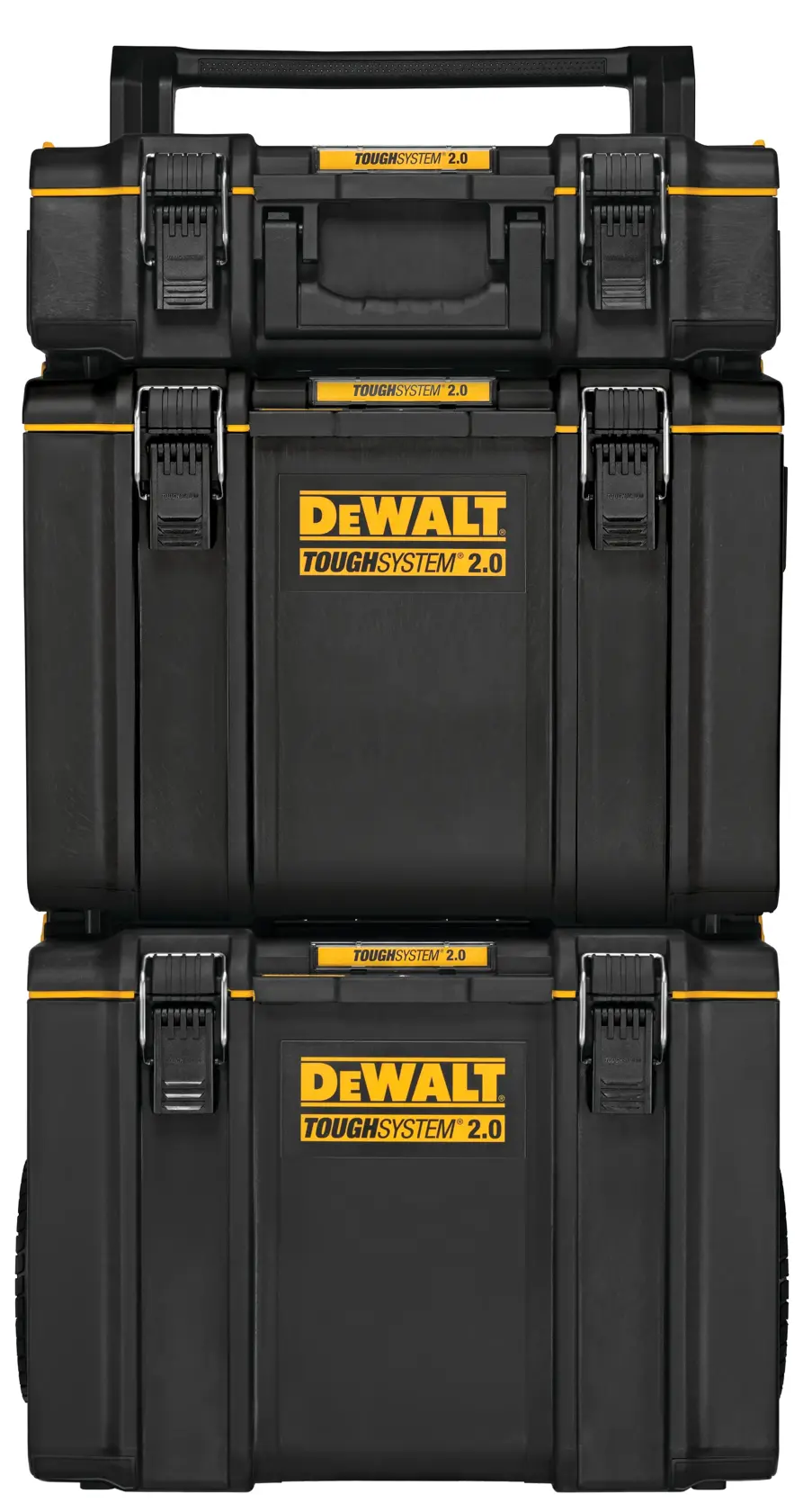 Una pila de tres cajas de almacenamiento para herramientas DEWALT ToughSystem 2.0 en color negro con detalles amarillos y cierres seguros, diseñadas para un almacenamiento duradero y organizado.