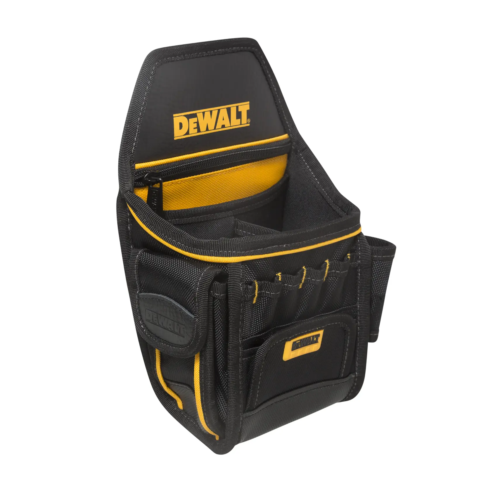 Uma bolsa de ferramentas preta e amarela da DEWALT com vários bolsos e compartimentos, projetada para transportar ferramentas e acessórios.