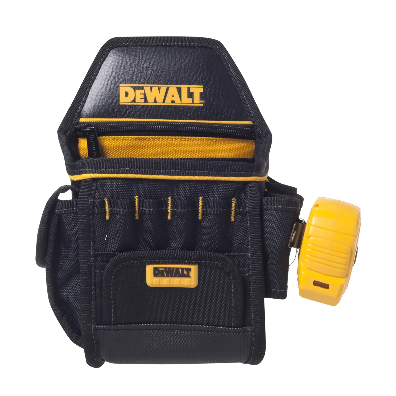 Bolsa de ferramentas preta e amarela da marca DEWALT com vários bolsos e compartimentos, incluindo um suporte para fita métrica fixado no lado direito.